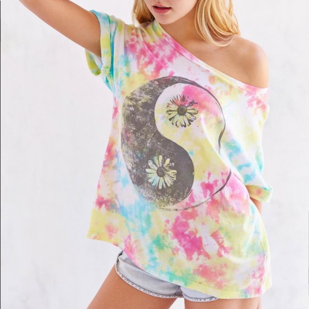 UO Yin-Yang Off Shoulder Tie Dye Faded Tee Shirt